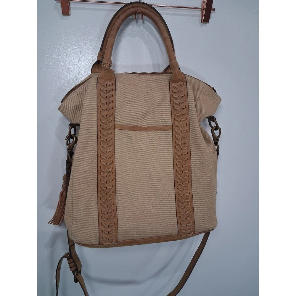 Elle Jae Gypset Tan Canvas Whipstitch Tote Bag Satchel‎ with Tassel Charm